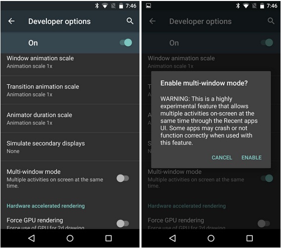 how to enable multi-window on android m build on nexus 5, 6 and 9